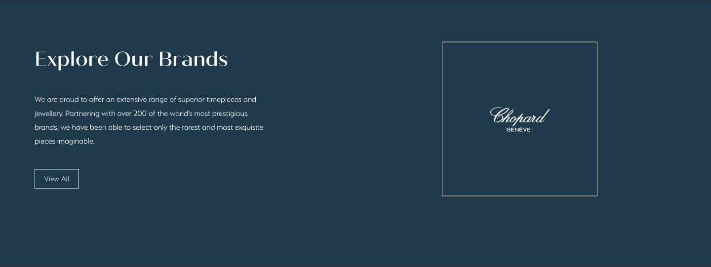 BJC Explore Our Brands section on deep navy, with a Chopard logo card