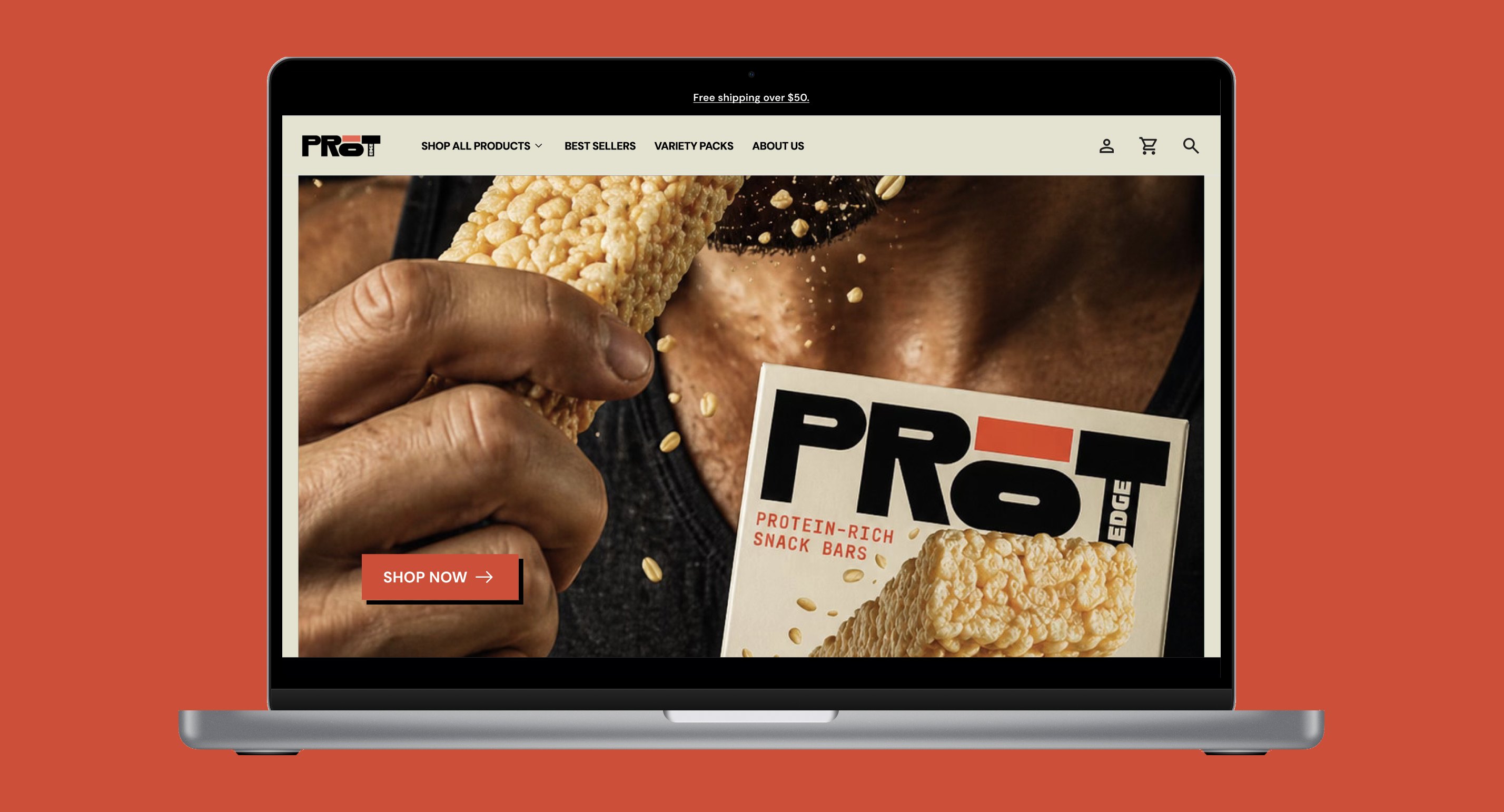 PRoT protein snack bar website homepage on a laptop, with a Shop Now button over a close-up of a snack bar